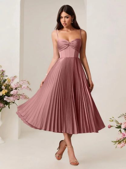 Elegant A-Line Sweetheart-Neck Spaghetti-Strap Crisscross-Lace-Up-Back Pleated Midi Evening Dress