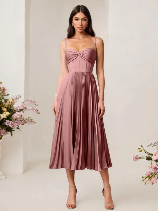 Elegant A-Line Sweetheart-Neck Spaghetti-Strap Crisscross-Lace-Up-Back Pleated Midi Evening Dress