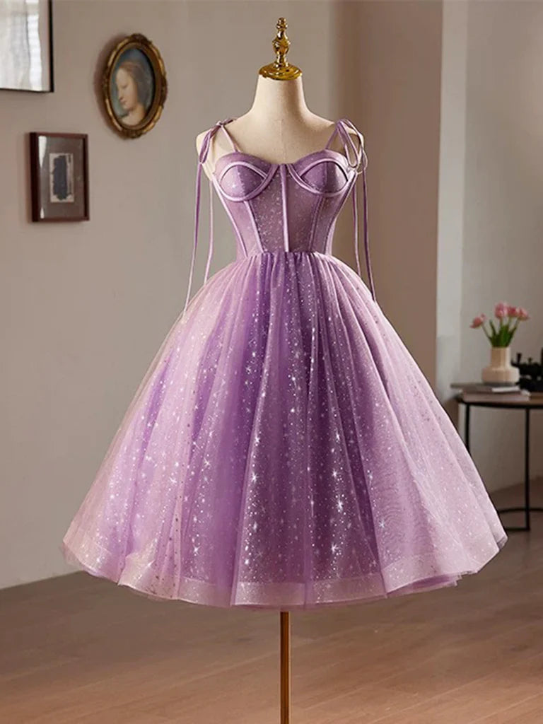 Model wearing an elegant purple A-line sweetheart neck tulle lace homecoming dress.