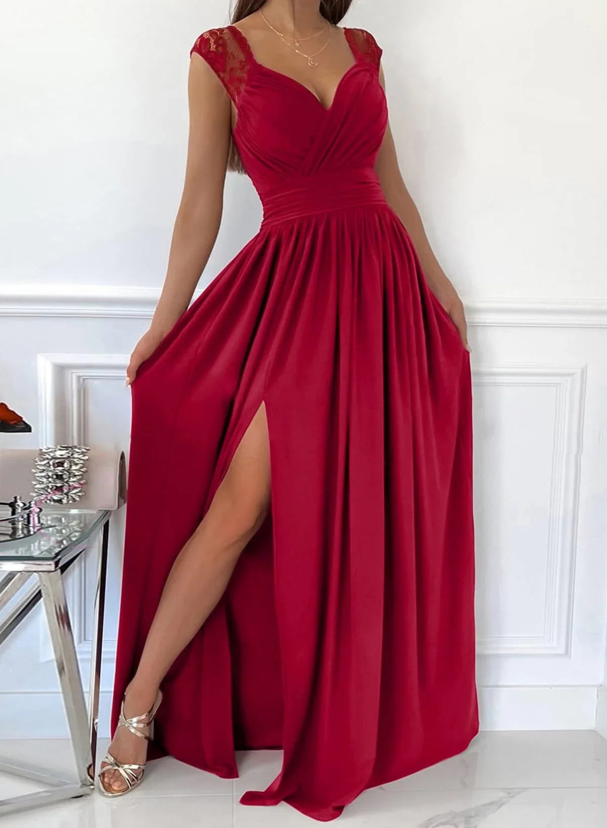 Elegant A-Line Sweetheart Neckline Lace Cap Sleeve High-Slit Maxi Evening Dress