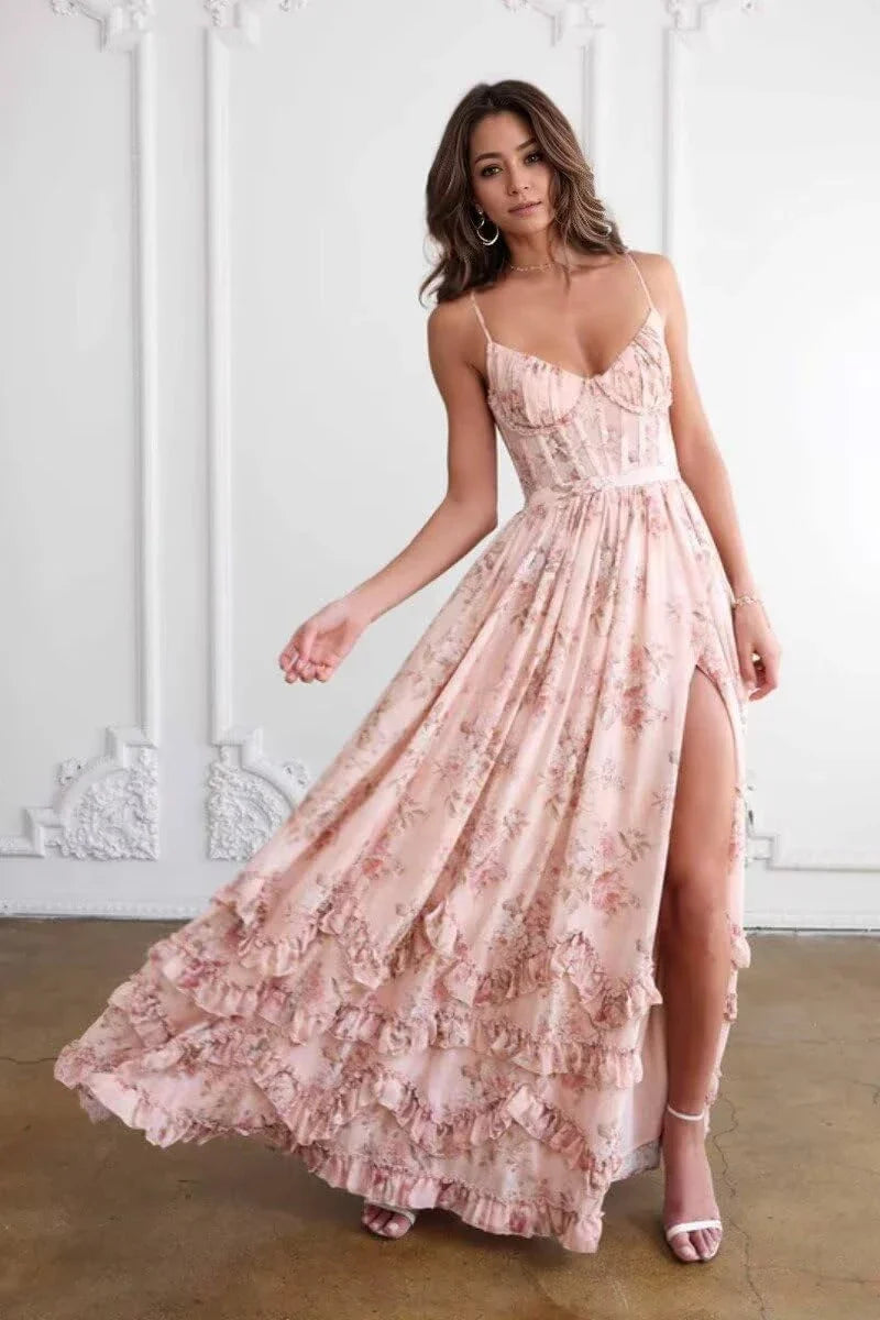 Elegant A-Line Sweetheart Neckline Spaghetti Strap Floral Ruffle High-Slit Crisscross Back Maxi Evening Dress