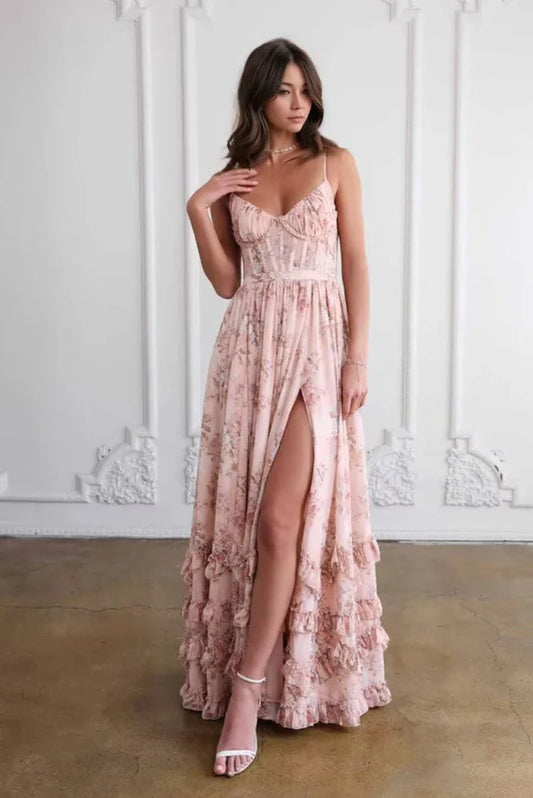 Elegant A-Line Sweetheart Neckline Spaghetti Strap Floral Ruffle High-Slit Crisscross Back Maxi Evening Dress