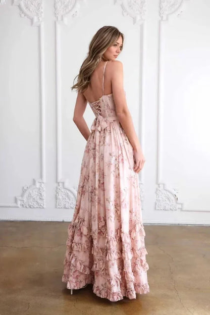 Elegant A-Line Sweetheart Neckline Spaghetti Strap Floral Ruffle High-Slit Crisscross Back Maxi Evening Dress