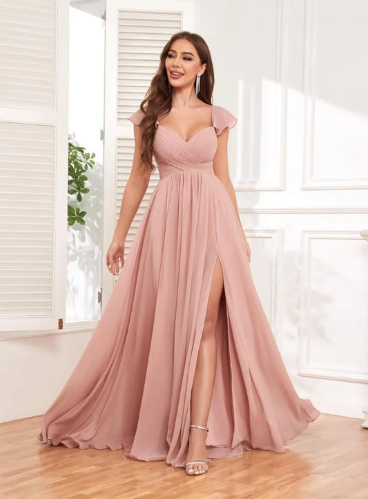 Elegant A-Line Sweetheart Ruffle Sleeve Lace-Up Back High-Slit Maxi Evening Dress