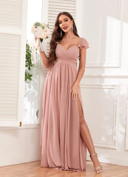 Elegant A-Line Sweetheart Ruffle Sleeve Lace-Up Back High-Slit Maxi Evening Dress