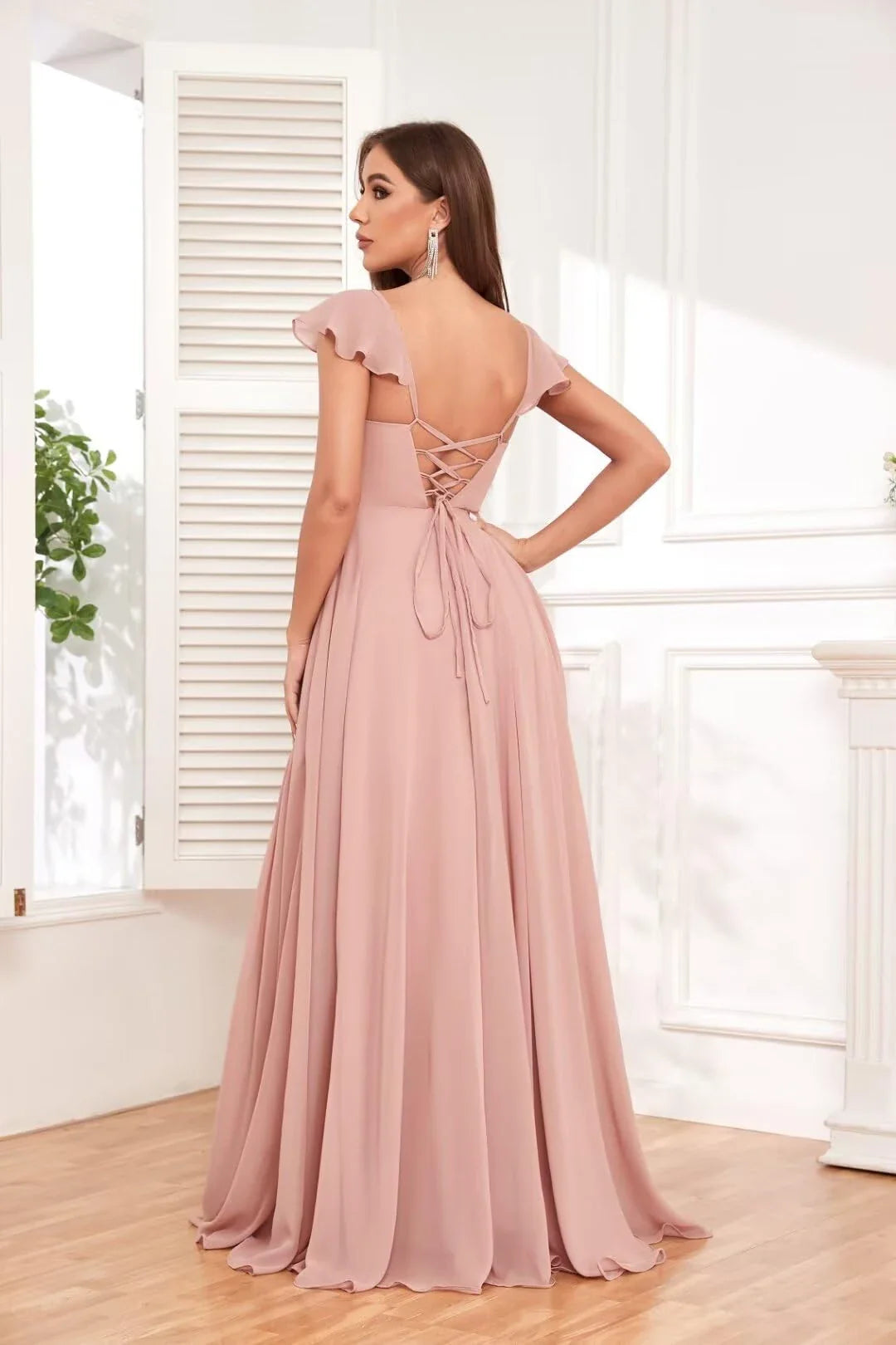 Elegant A-Line Sweetheart Ruffle Sleeve Lace-Up Back High-Slit Maxi Evening Dress