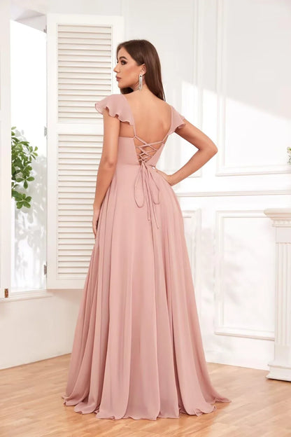 Elegant A-Line Sweetheart Ruffle Sleeve Lace-Up Back High-Slit Maxi Evening Dress