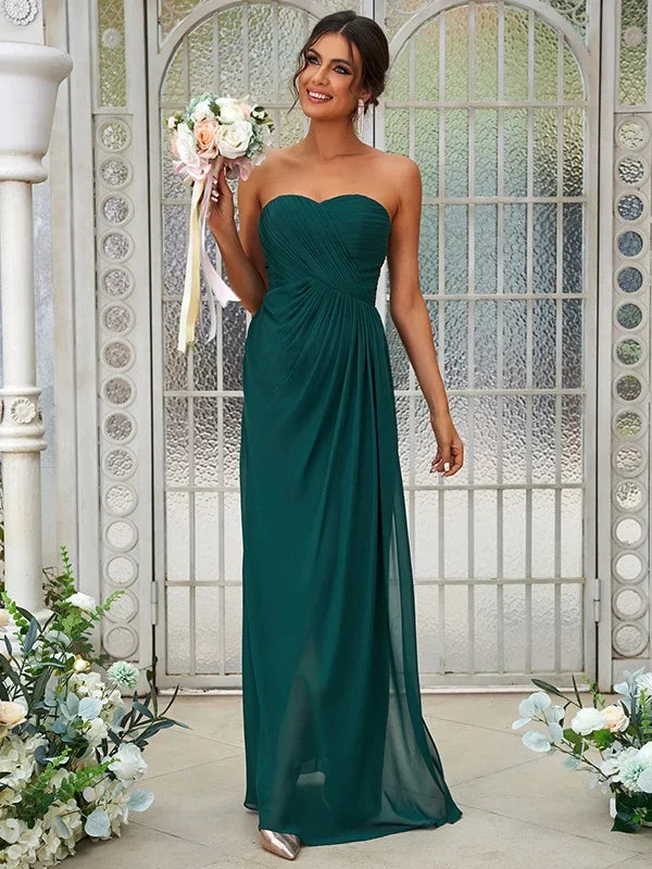 Model wearing an elegant light blue A-line chiffon bridesmaid dress with a sweetheart neckline and ruffles.
