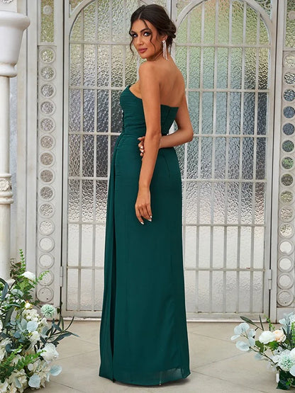 Close-up of the sweetheart neckline and ruffled bodice on a light blue chiffon bridesmaid dress.