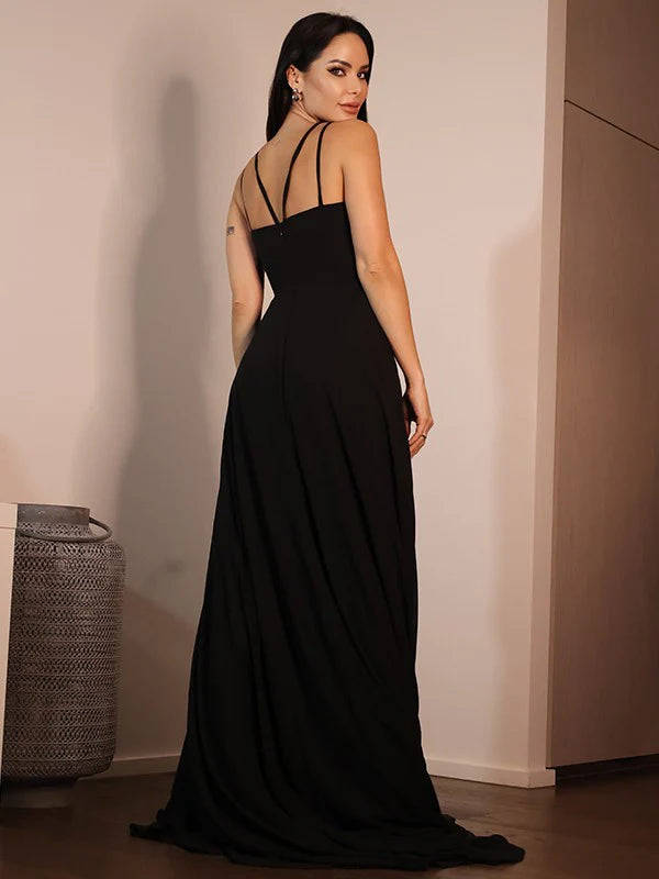 Side profile of the elegant black sleeveless jersey prom dress.