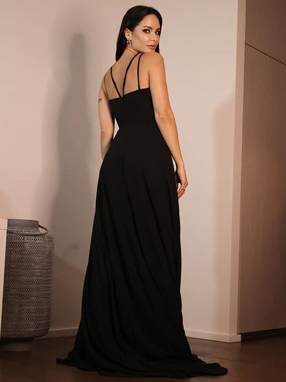 Side profile of the elegant black sleeveless jersey prom dress.