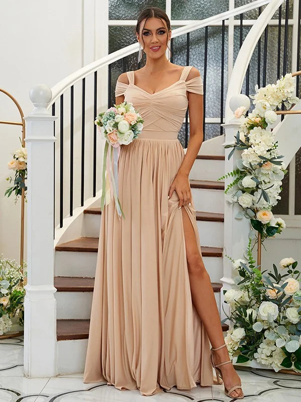 A-Line sweetheart ruffled jersey bridesmaid dress in full view.