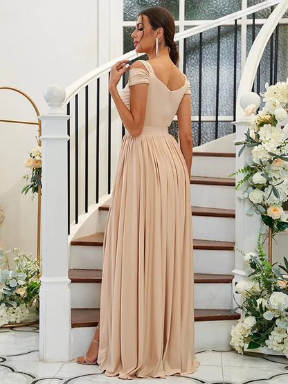 Side view of the elegant floor-length sleeveless bridesmaid gown.