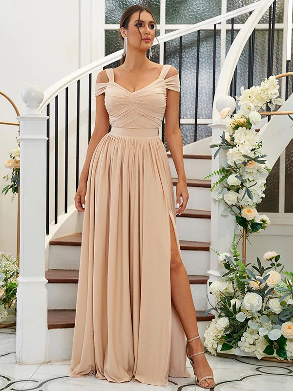Close-up of the ruffled detail and jersey fabric on the bridesmaid dress.