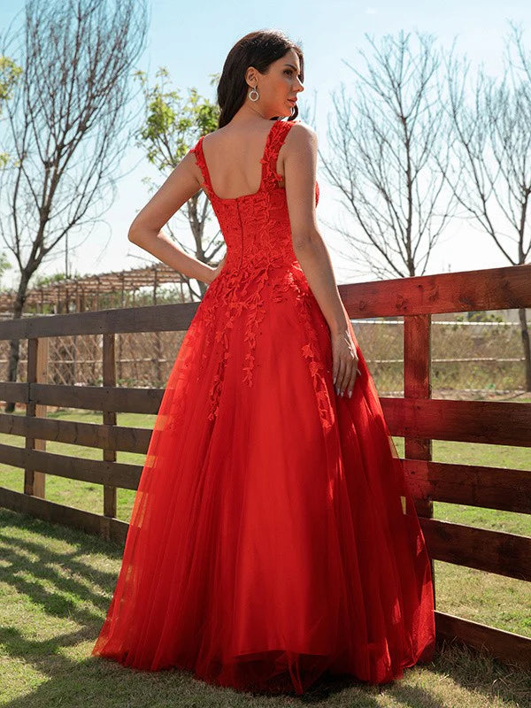 Side view of model in A-line off-shoulder prom dress.