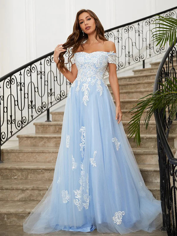 Model wearing a light blue A-line off-shoulder tulle prom dress, front view.