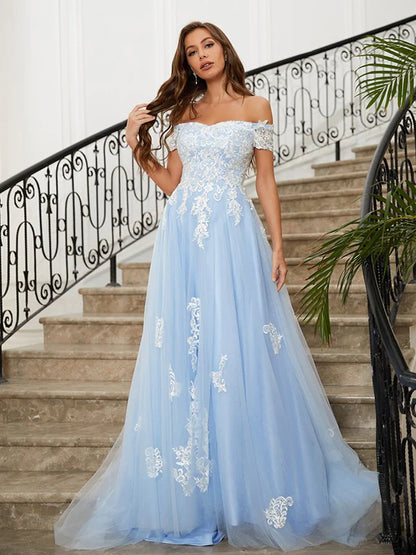 Model wearing a light blue A-line off-shoulder tulle prom dress, front view.