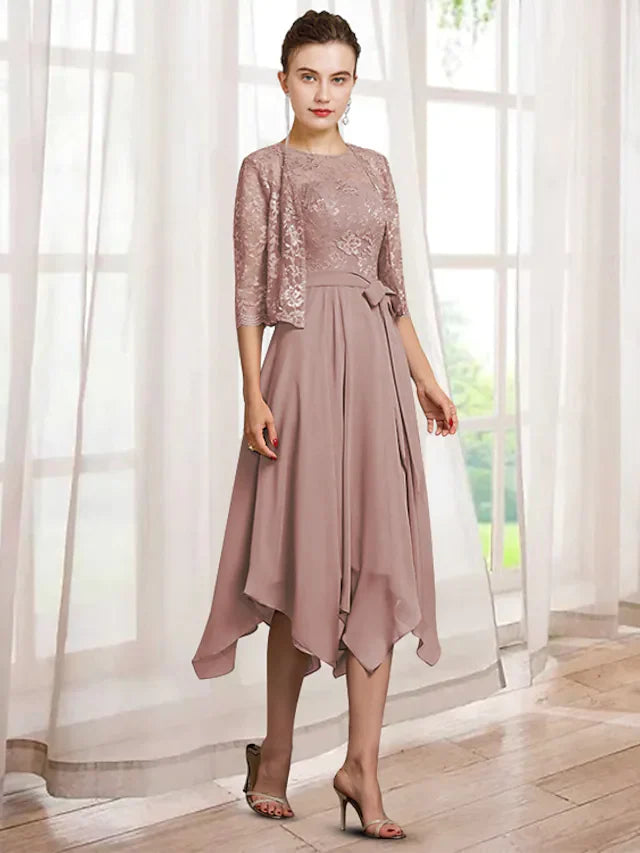 Elegant two-piece A-line mother of the bride dress with half sleeves and jewel neck.