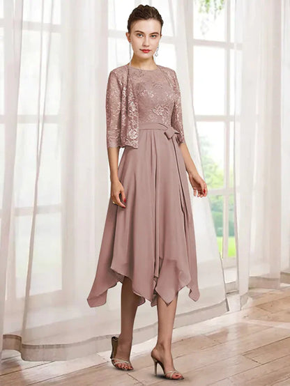 Elegant two-piece A-line mother of the bride dress with half sleeves and jewel neck.