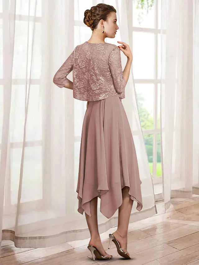 Side view of the two-piece A-line chiffon and lace mother of the bride dress.