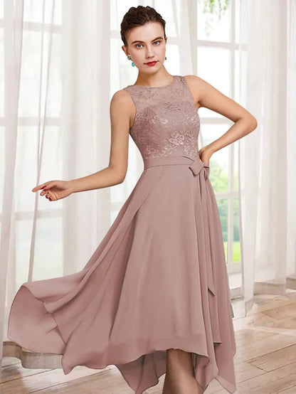 Back view of the elegant tea-length mother of the bride dress with sash.