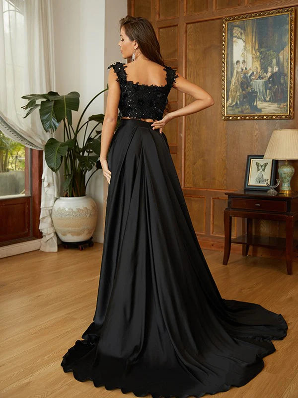 Side view of light blue A-Line two-piece dress, showing satin fabric and flowing skirt.