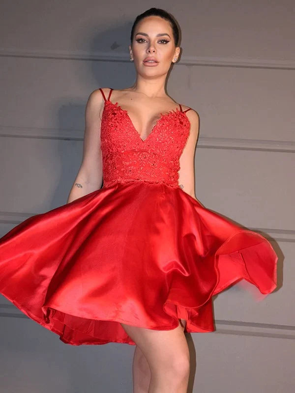 Side view of an A-Line V-neck satin applique short mini dress.