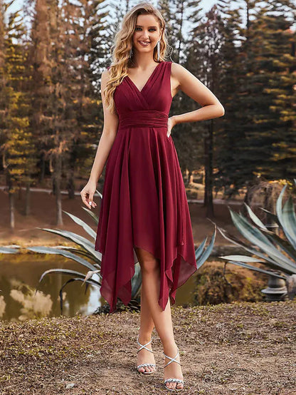 Back view of the teal A-line V-neck ruched chiffon bridesmaid dress, showing bodice ruching details.