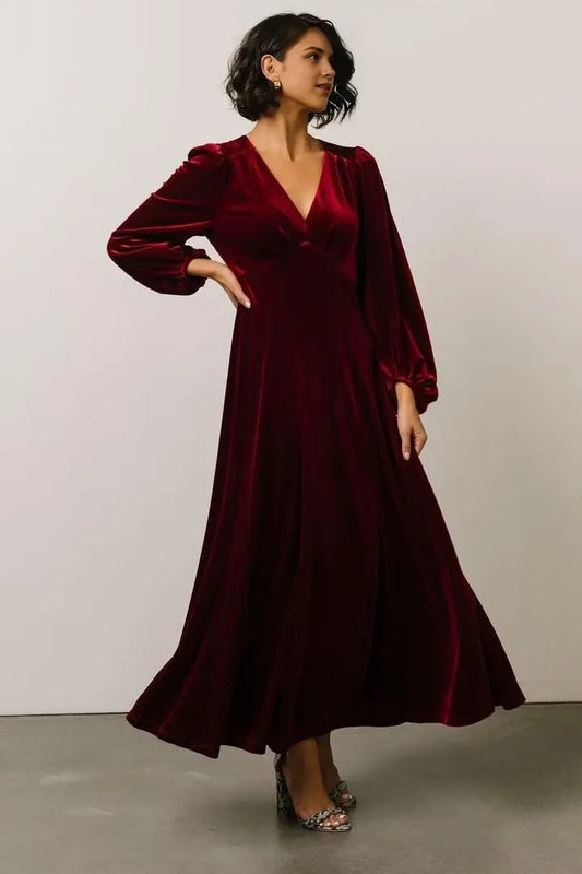 Elegant A-Line V-Neck Bishop Sleeve Maxi Evening Dress