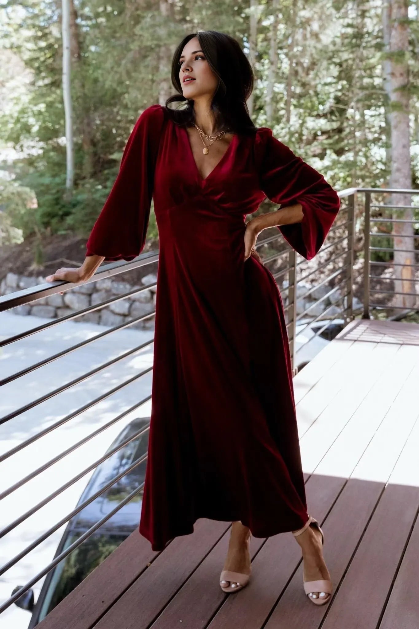 Elegant A-Line V-Neck Bishop Sleeve Maxi Evening Dress
