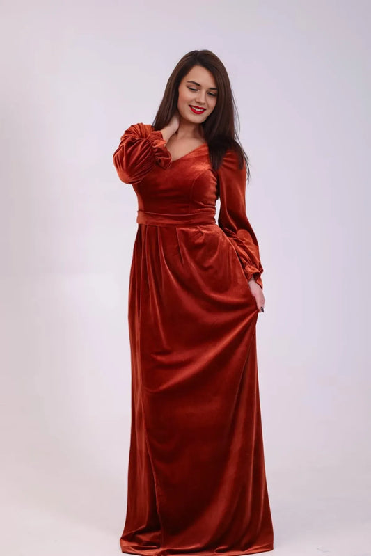 Elegant A-Line V-Neck Bishop Sleeve Maxi Evening Dress