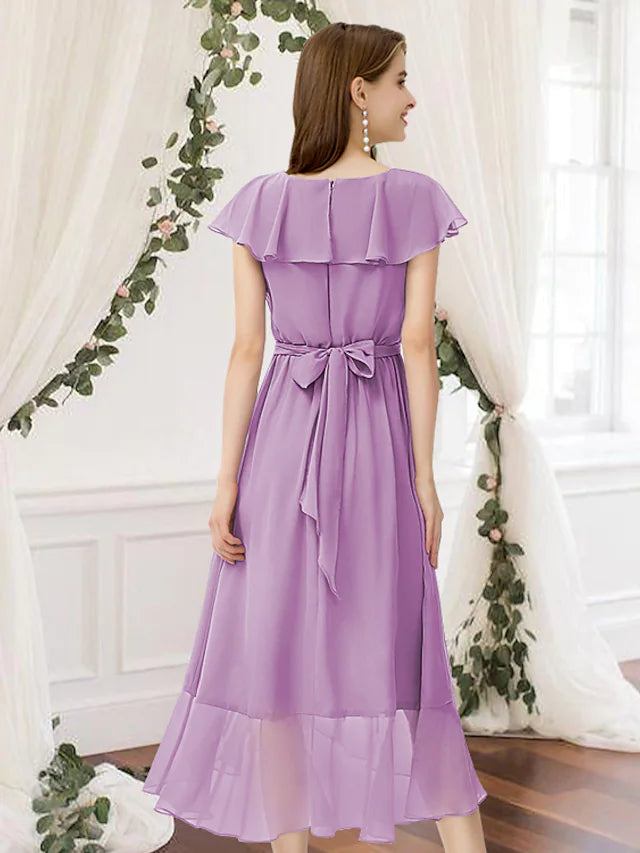Model showcasing the back view of the elegant A-line V-neck chiffon bridesmaid dress.