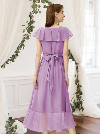 Model showcasing the back view of the elegant A-line V-neck chiffon bridesmaid dress.