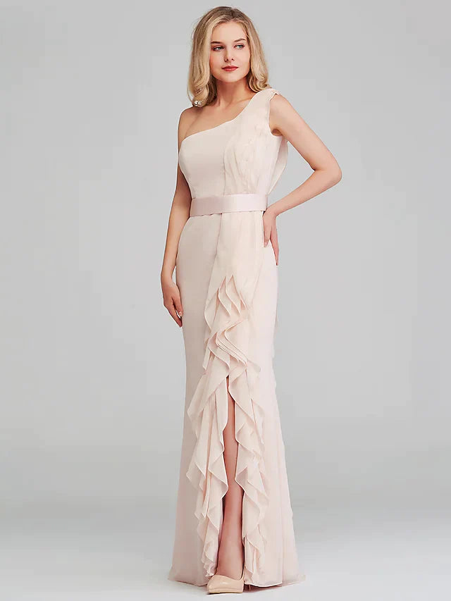 Model wearing an elegant A-line V-neck teal chiffon bridesmaid dress with cascading ruffles.