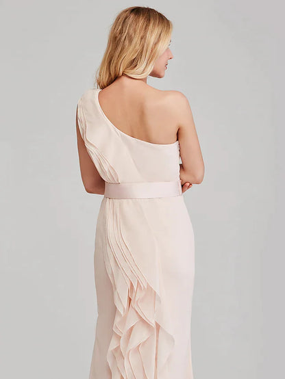 Side profile of a model in the teal A-line bridesmaid dress, highlighting the silhouette.
