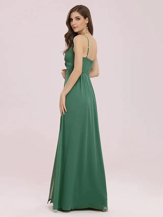 Back view of the floor-length A-line chiffon bridesmaid dress with V-neck.