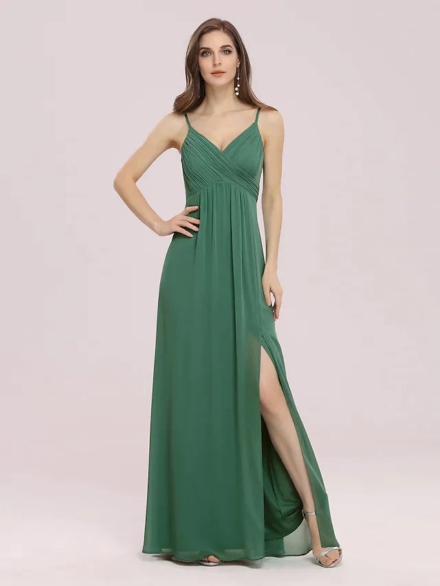 Close-up of the ruched V-neck bodice on the chiffon bridesmaid dress.