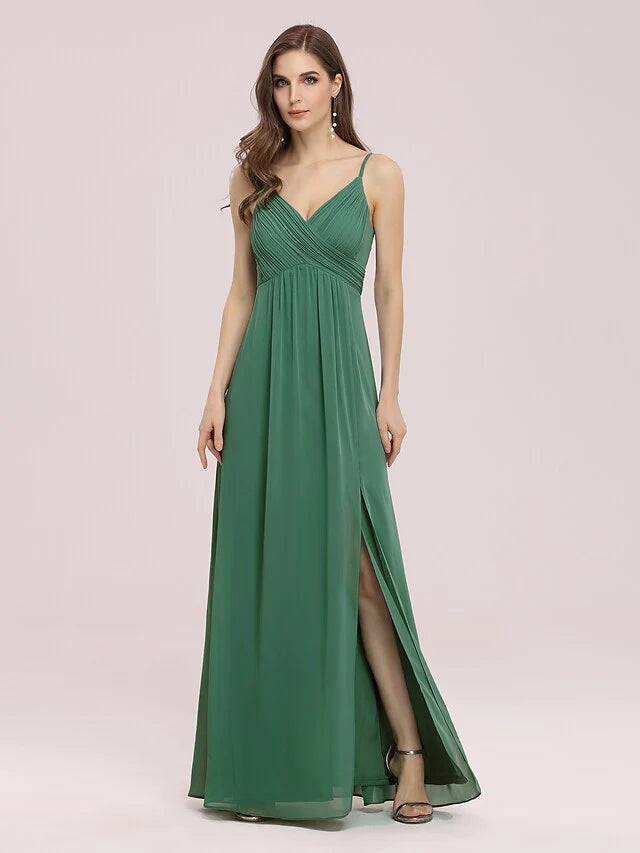 Full view of the flowing floor-length chiffon skirt and A-line silhouette.