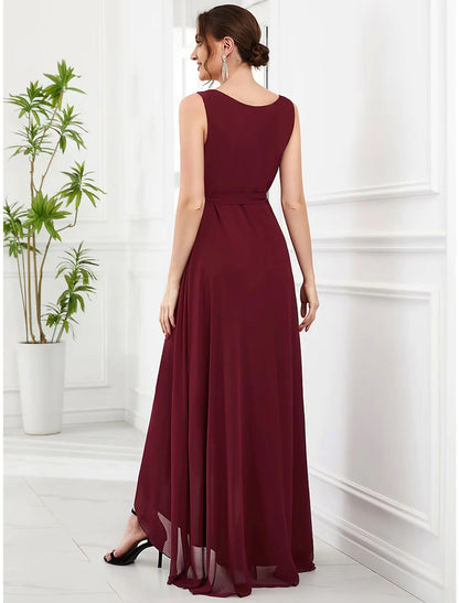 Side view of the A-line sleeveless dress, highlighting asymmetrical ruffles.