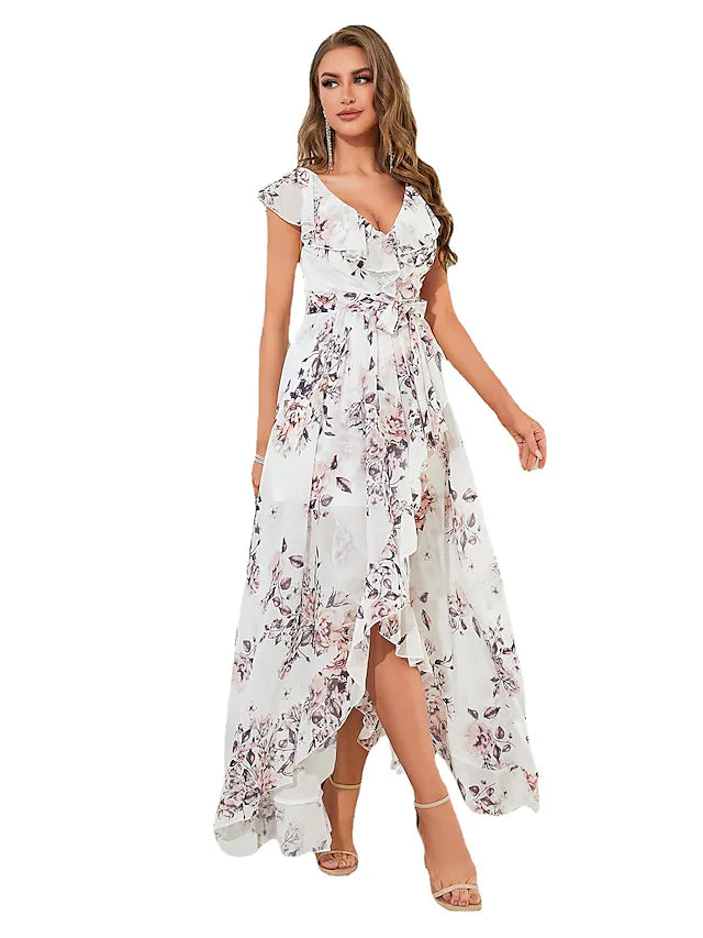 Back view of the sleeveless floral chiffon dress, highlighting the elegant strappy design.