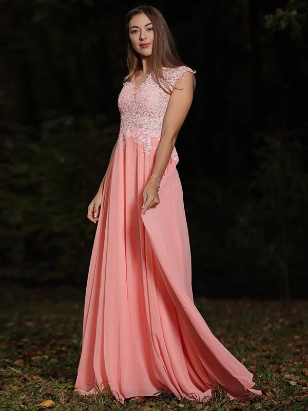 Woman in elegant light blue A-line V-neck chiffon lace prom dress, front view.