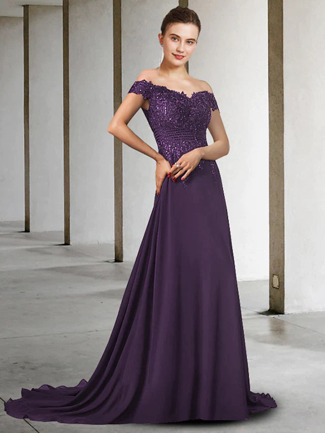 Elegant A-Line Mother of the Bride dress with V-neck and lace appliques.