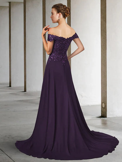 Back view of the sleeveless A-Line Mother of the Bride dress with chiffon lace details.