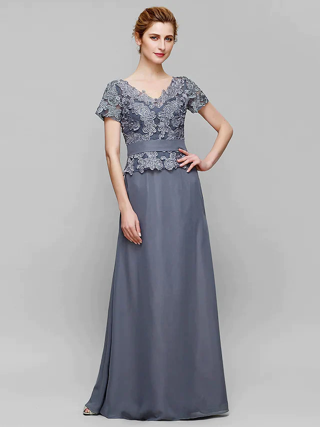 Elegant V-neck chiffon lace mother of the bride dress in light blue on a model.