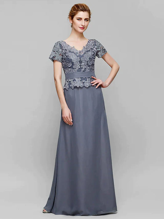 Elegant V-neck chiffon lace mother of the bride dress in light blue on a model.