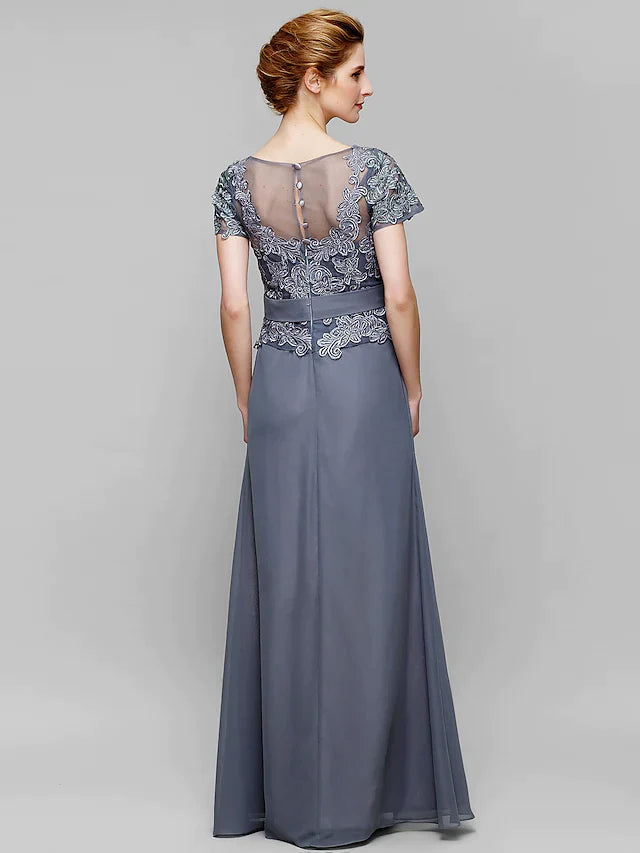 Side view of the floor-length chiffon lace dress, highlighting the flowy skirt.