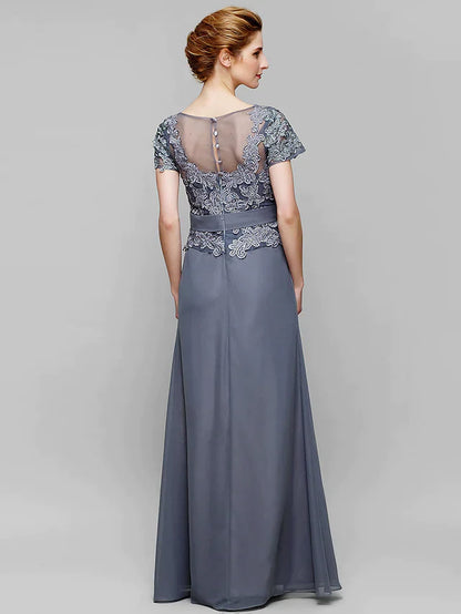 Side view of the floor-length chiffon lace dress, highlighting the flowy skirt.