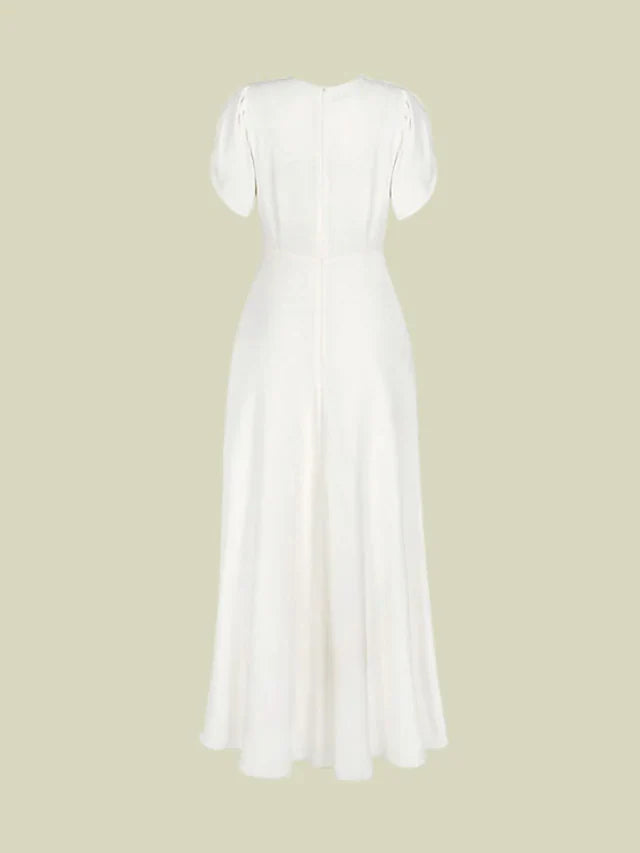 Back view of an elegant light blue A-line V-neck chiffon mother of the bride dress with short sleeves and ruched details.