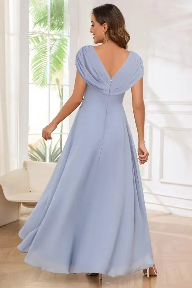 Elegant A - Line V - Neck Draped Short Sleeve Embellished Waist Asymmetrical Floor - Length Evening Dress
