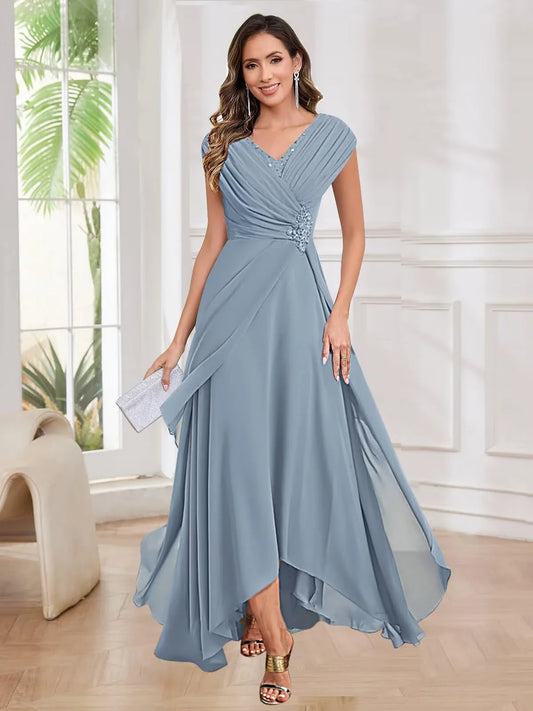Elegant A - Line V - Neck Draped Short Sleeve Embellished Waist Asymmetrical Floor - Length Evening Dress